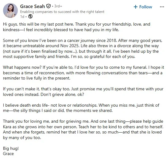 Pengurus HR Hidap Barah Meninggal, Sempat Post Di LinkedIn, Berdepan Penceraian