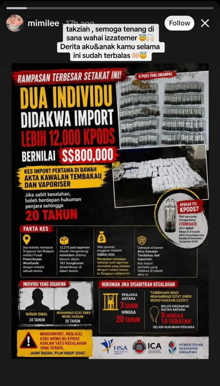Lelaki Ditahan Seludup 12,273 KPOD Masuk Singapura, Bekas Isteri Anggap Kifarah