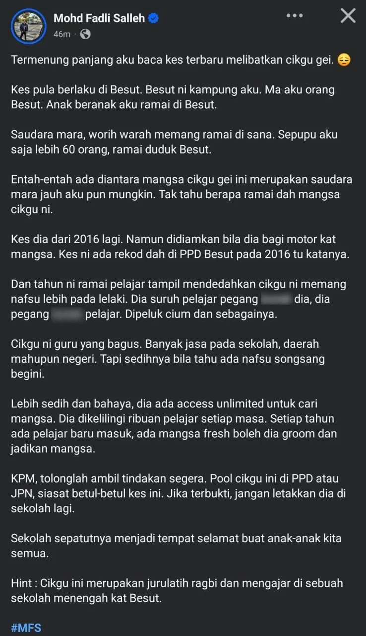 Guru Bernafsu Songsang ‘Sentuh’ Pelajar Lelaki, Isu Senyap Lepas Belikan Motor
