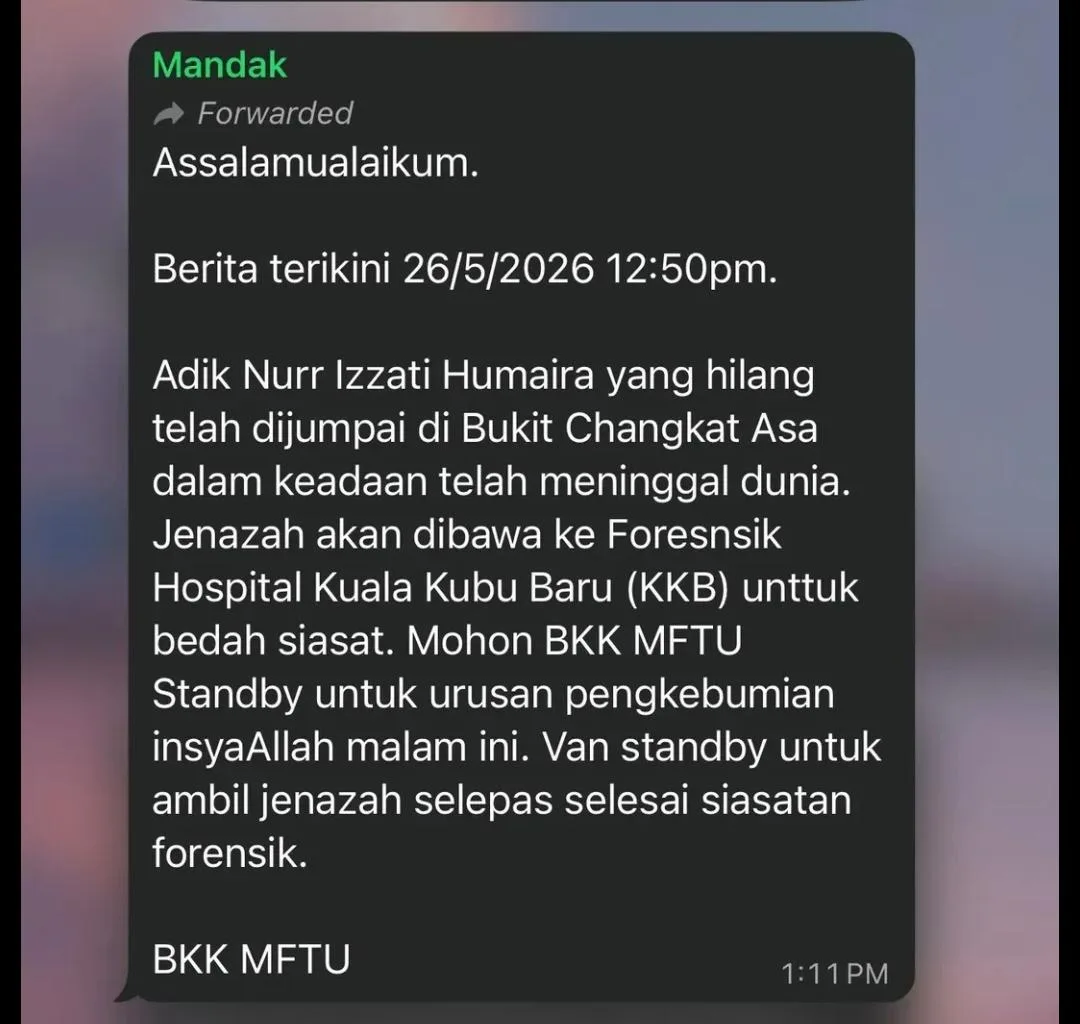 Hilang Di Bukit Changkat Asa, Nur Izzati Humaira Ditemui Meninggal Dunia