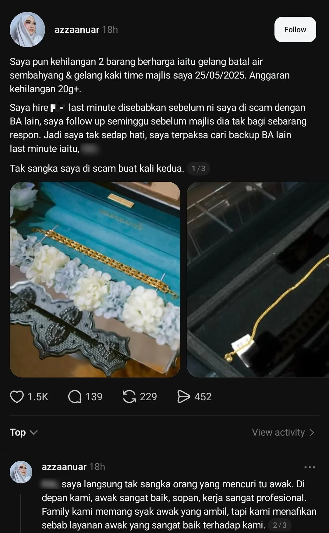Bride Assistant Tangan Panjang, Duit Salam Kaut RM600, Emas 20g & 16g Hilang