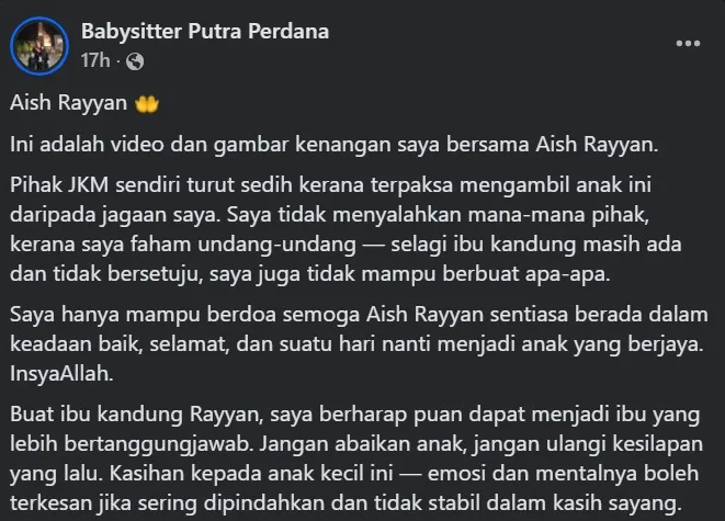 Ibu Kandung Mungkir Janji, Aish Rayyan Dijaga JKM, Pengasuh Tak Dibenarkan Jumpa