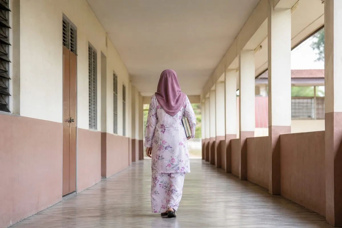 Seorang guru wanita berjalan di koridor sekolah