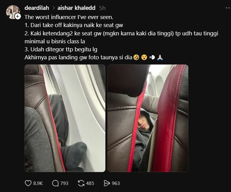 Penumpang Indonesia Kesal, Aisar Letak Kaki Di Seat Depan Dalam ‘Economy Class’