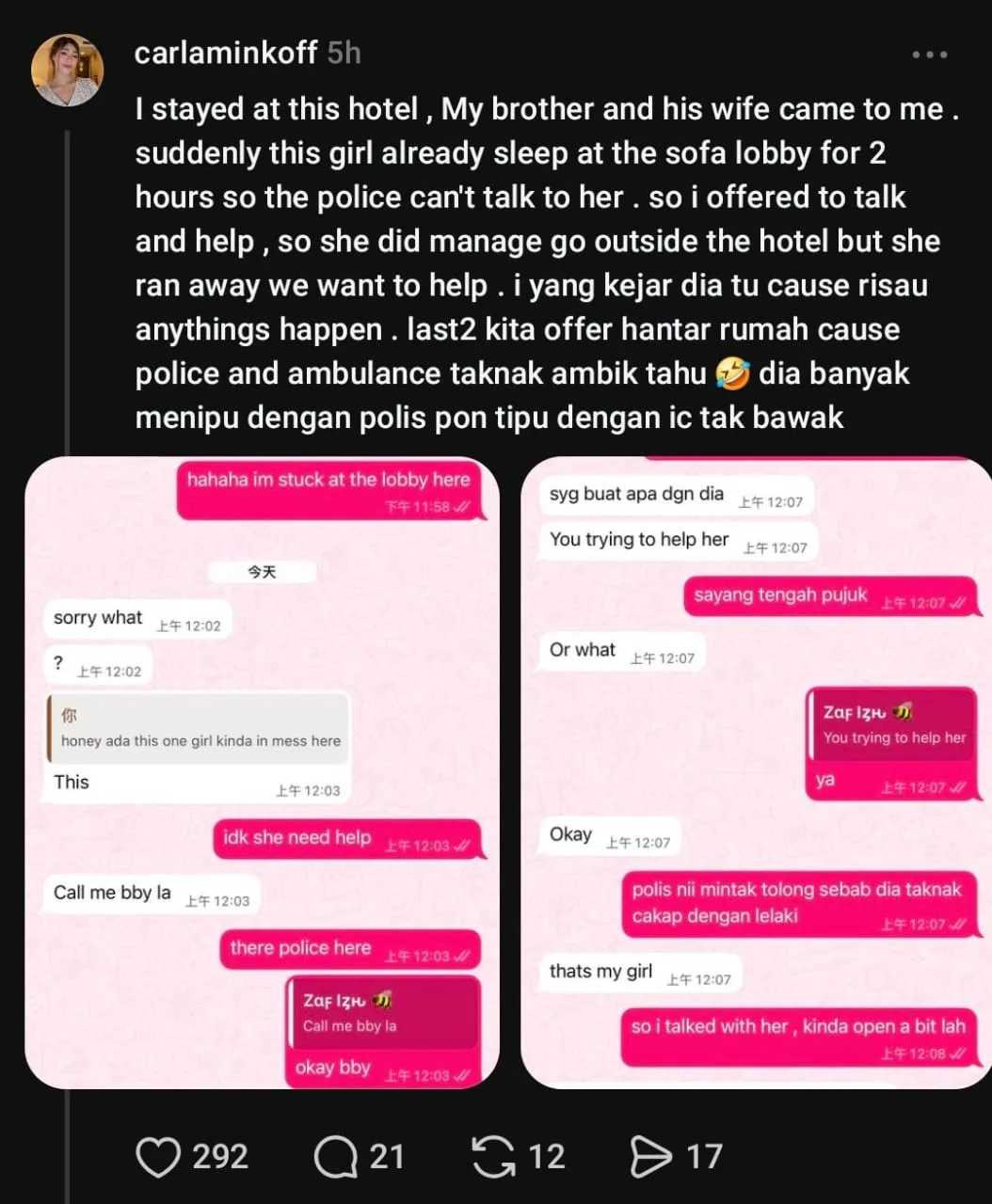 Wanita Tidur 2 Jam Di Lobi Hotel & Lari Dari Polis Didakwa Alami Tekanan Hidup